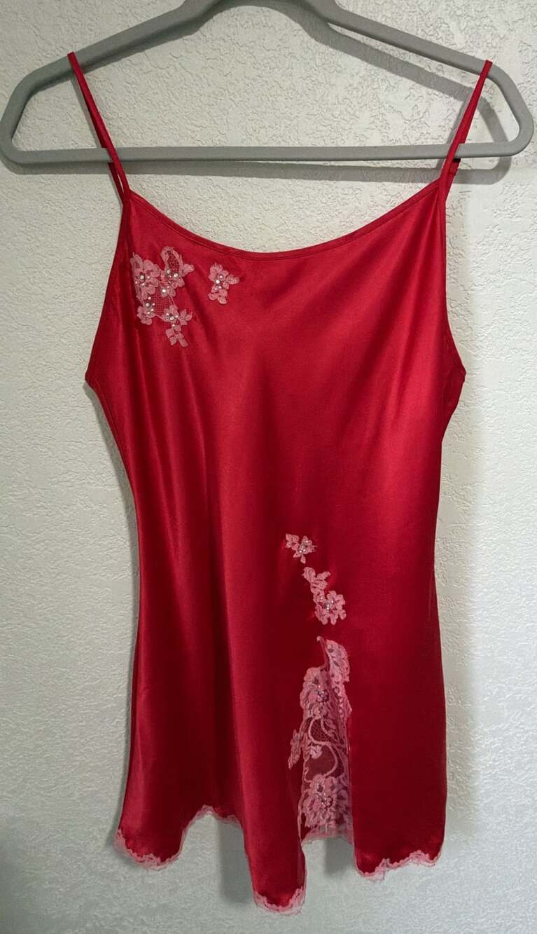 Victoria's Secret Satin Slip Dress Size M Red Lace Embellished